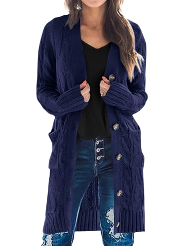 Yellow Cardigan - PRETTYGARDEN Long Sleeve Cable Knit Long Cardigan for Women 2024 Fall Winter Chunky Open Front Button Sweaters with Pockets Dark Blue