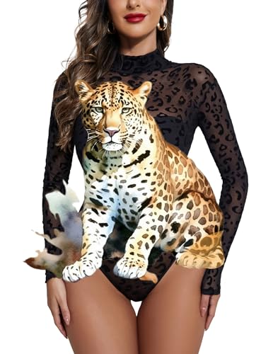 Heart Shirt - Avidlove Long Sleeve Bodysuit for Women Turtleneck Sheer Mesh Bodysuit Geo Print Leotards Leopard Print