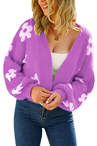 Yellow Cardigan - ECOWISH Women Floral Cropped Cardigan Fall Long Sleeve Open Front Fuzzy Daisy Print Knit Sweaters Casual Y2k Outerwear Purple