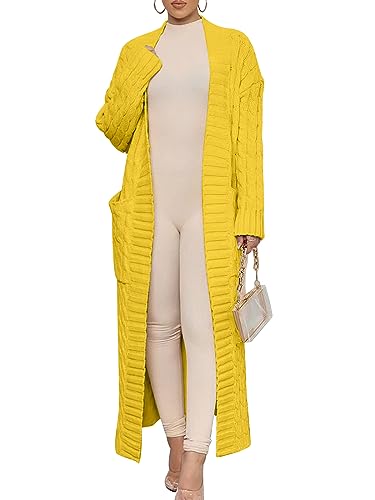 Yellow Cardigan - Caracilia Womens Long Cardigan Sweaters 2024 Fall Open Front Coat Long Sleeve Cable Knit Maxi Outerwear Trendy Jacket Clothes