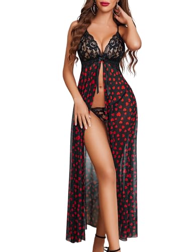 Valentine's Day - Women Lingerie Sexy Lace Babydoll Dress Open Front Sleepwear Long Sheer Nightgowns V Neck Nightwear