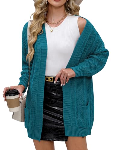 Yellow Cardigan - For G and PL Womens VNeck Long Sleeve Cardigan Cable Knit Open Front with Pockets Sweater Outerwear A-turquoise