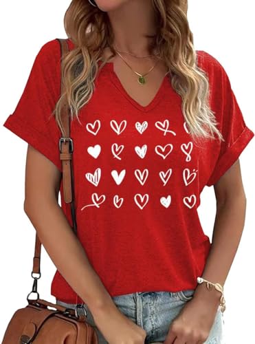 Heart Shirt - Earlymemb Womens Lover Heart Graphic V Neck Shirt Valentines Day Funny Couple Matching Casual Short Sleeve Gift Tee Tops A-red-4