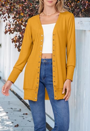 Yellow Cardigan - MEROKEETY Womens 2024 Fall Long Sleeve Snap Button Down Solid Color Knit Ribbed Neckline Cardigans