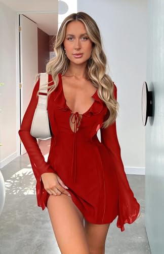 Mariah Carey Red Mini Dress - Women's Sexy Long Flare Sleeve Chiffon Ruffle Deep Tie V Neck Bodycon Mini Party Dress