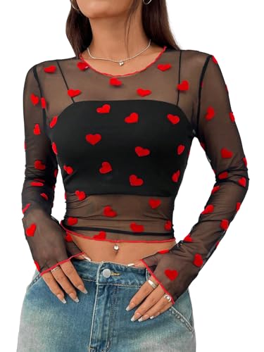 Heart Shirt - Floerns Womens Heart Print Sheer See Through Crewneck Long Sleeve Crop Tee Shirts