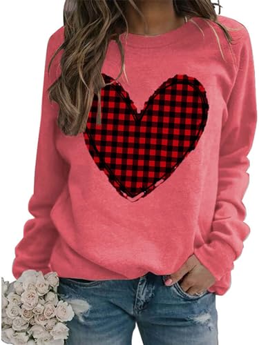 Heart Shirt - Valentines Day Crewneck Pullover Shirts Women Long Sleeve Love Heart Sweatshirts Graphic Lover Gift Mothers Day 01 Hot Pink Plaid Heart