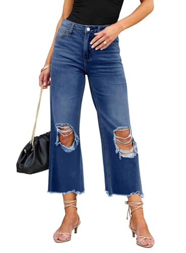 Rfm Jeans - LOLONG High Waisted Ripped Flare Jeans for Women Casual Distressed Pants Dark Blue