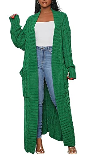 Long Sweaters for Women Cardigan Open Front Long Sleeve Plus Size Chunky Cable Knit Duster Cardigans with Pockets Winter Coat Green