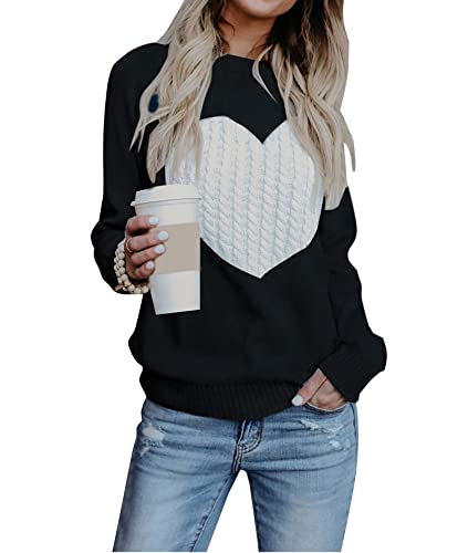 Heart Shirt - shermie Womens Pullover Sweaters Long Sleeve Crew Neck Cute Heart Knitted Casual Sweater A Black