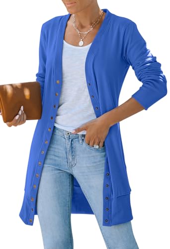 Yellow Cardigan - MEROKEETY Womens 2024 Fall Long Sleeve Snap Button Down Solid Color Knit Ribbed Neckline Cardigans Royal Blue