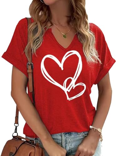 Heart Shirt - Earlymemb Womens Lover Heart Graphic V Neck Shirt Valentines Day Funny Couple Matching Casual Short Sleeve Gift Tee Tops A-red-1