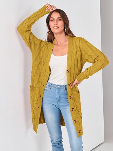 Yellow Cardigan - PRETTYGARDEN Long Sleeve Cable Knit Long Cardigan for Women 2024 Fall Winter Chunky Open Front Button Sweaters with Pockets