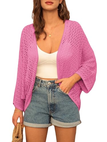 GRACE KARIN Open Front 34 Sleeve Batwing Cardigan for Women Lightweight Crochet Summer Cardigan HollowOut Cover Ups Hot Pink