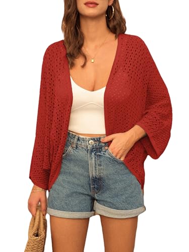 GRACE KARIN Open Front 34 Sleeve Batwing Cardigan for Women Lightweight Crochet Summer Cardigan HollowOut Cover Ups Deep Red