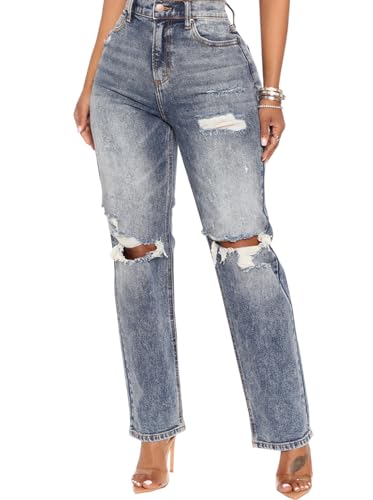 Rfm Jeans - SheKiss Boyfriend Stretchy Jeans for Women Distressed Frayed High Waisted Trendy Denim Blue Jeans Ripped Boyfriend Denim Jeans 759