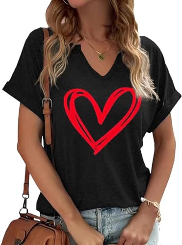 Heart Shirt - Earlymemb Womens Lover Heart Graphic V Neck Shirt Valentines Day Funny Couple Matching Casual Short Sleeve Gift Tee Tops B-black