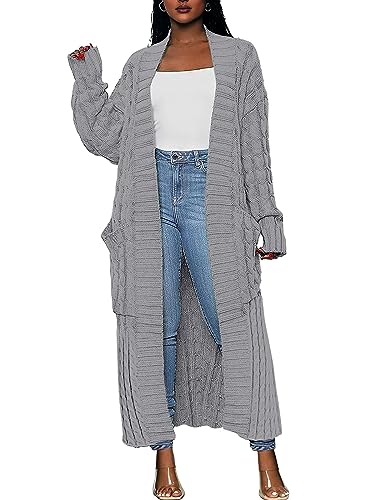 Yellow Cardigan - Caracilia Womens Long Cardigan Sweaters 2024 Fall Open Front Coat Long Sleeve Cable Knit Maxi Outerwear Trendy Jacket Clothes Grey