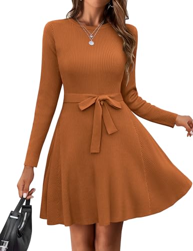 HOTOUCH Womens Fall Winter Casual Dress Crewneck Long Sleeve ALine Sweater Dress Bodycon Ribbed Knit Dress with Belt Rust