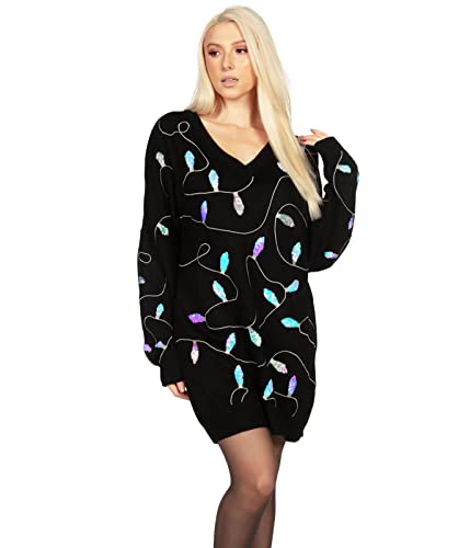 Christmas Green Dress - Tipsy Elves Christmas Sweater Dresses for Women Cute Winter Themed Dresses Instant Holiday Outfits Iridescent Lights Oversized (Black)