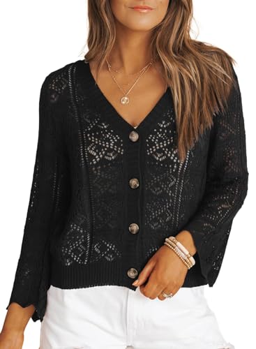 Dokotoo Cardigan Sweaters for Women Long Sleeve Shirts Lightweight Cardigan Button Down Crochet Tops Fall Outfits 2024 Black