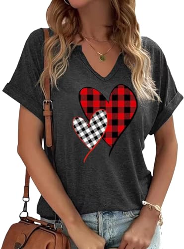 Heart Shirt - Earlymemb Womens Lover Heart Graphic V Neck Shirt Valentines Day Funny Couple Matching Casual Short Sleeve Gift Tee Tops C-grey-1