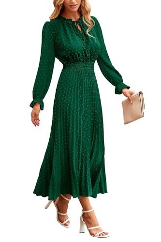 PRETTYGARDEN Womens 2024 Fall Midi Dress Casual Long Sleeve V Neck Swiss Dot Pleated A Line Flowy Dresses Dark Green