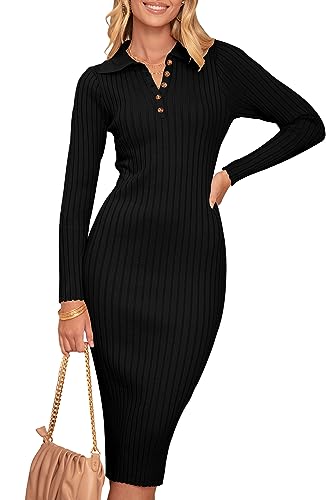 Christmas Green Dress - MEROKEETY Womens 2024 V Neck Ribbed Sweater Dress Long Sleeve Bodycon Knit Midi Dresses Black