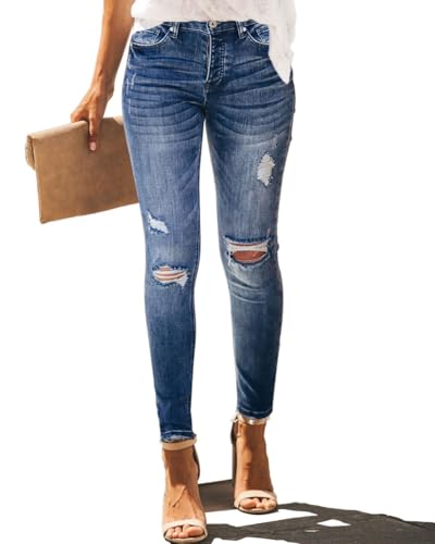 Rfm Jeans - Allimy Womens High Rise Skinny Stretch Ripped Jeans High Waisted Destroyed Denim Pants Blue-3