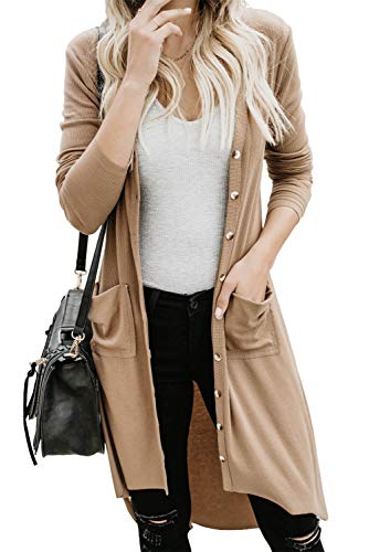 Alaster Queen Womens Open Front Cardigan Button Down High Low Hem Knitted Cardigan Outwear with Pockets Khaki