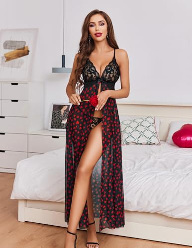 Valentine's Day - Women Lingerie Sexy Lace Babydoll Dress Open Front Sleepwear Long Sheer Nightgowns V Neck Nightwear