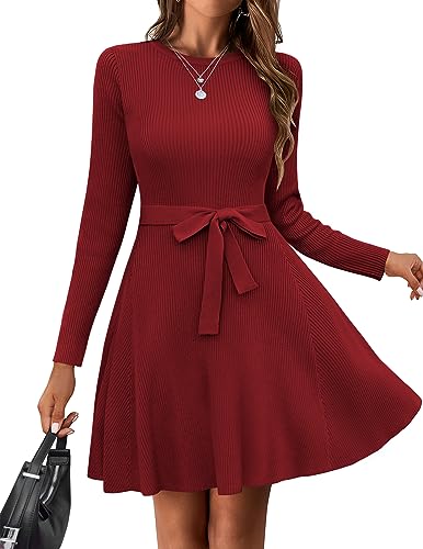 HOTOUCH Womens Fall Winter Casual Dress Crewneck Long Sleeve ALine Sweater Dress Bodycon Ribbed Knit Dress with Belt Dark Red