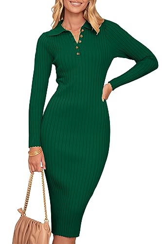 Christmas Green Dress - MEROKEETY Womens 2024 V Neck Ribbed Sweater Dress Long Sleeve Bodycon Knit Midi Dresses Dark Green