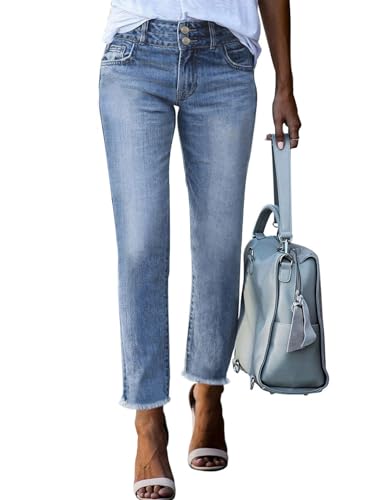 Rfm Jeans - Sidefeel Womens High Waisted Jeans Strechy Raw Hem Straight Leg Denim Pants with Pockets Sky Blue