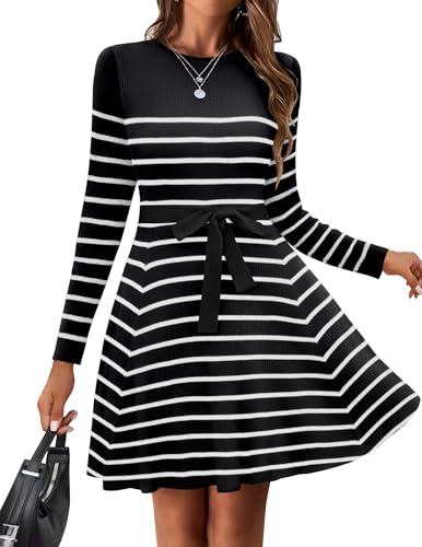 HOTOUCH Womens Fall Winter Casual Dress Crewneck Long Sleeve ALine Sweater Dress Bodycon Ribbed Knit Dress with Belt Striped Black White