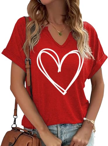 Heart Shirt - Earlymemb Womens Lover Heart Graphic V Neck Shirt Valentines Day Funny Couple Matching Casual Short Sleeve Gift Tee Tops A-red-5