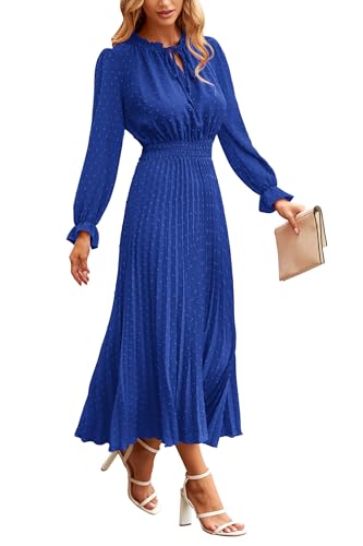 PRETTYGARDEN Womens 2024 Fall Midi Dress Casual Long Sleeve V Neck Swiss Dot Pleated A Line Flowy Dresses Blue