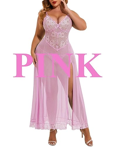 Valentine's Day - Plus Size Lingerie For Women Babydoll Sexy Mesh Maxi Nightdress Strappy Exotic Sleepwear Side Slits Pink