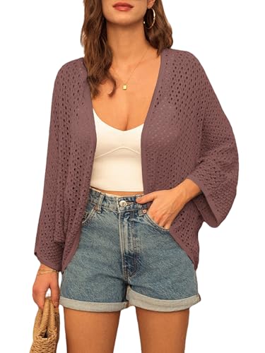 GRACE KARIN Open Front 34 Sleeve Batwing Cardigan for Women Lightweight Crochet Summer Cardigan HollowOut Cover Ups Reddish Brown