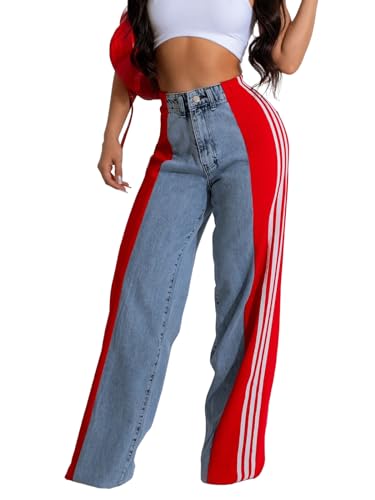 Rfm Jeans - Angsuttc Womens Jeans with Patchwork Stripes High Waist Loose Denim Color Block Jean Straight Wide Leg Pants Red