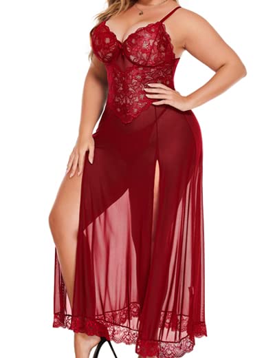 Valentine's Day - Plus Size Lingerie For Women Babydoll Sexy Mesh Maxi Nightdress Strappy Exotic Sleepwear Side Slits Wine Red