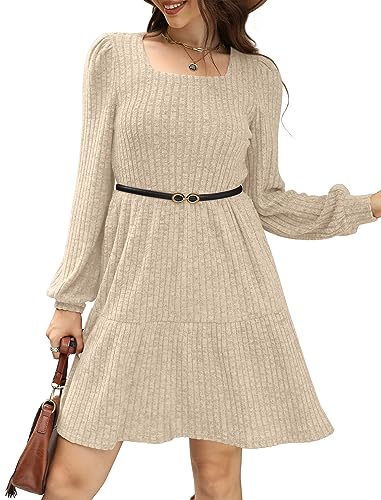 Christmas Green Dress - SAMPEEL Womens Square Neck Long Sleeve Fall Dresses Casual Babydoll Sweater Dress