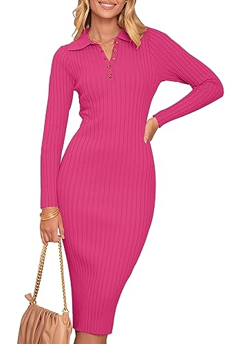 Christmas Green Dress - MEROKEETY Womens 2024 V Neck Ribbed Sweater Dress Long Sleeve Bodycon Knit Midi Dresses Rose