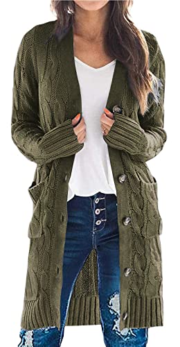 Yellow Cardigan - PRETTYGARDEN Long Sleeve Cable Knit Long Cardigan for Women 2024 Fall Winter Chunky Open Front Button Sweaters with Pockets Army Green Small