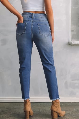 Rfm Jeans - Sidefeel Womens High Waisted Jeans Strechy Raw Hem Straight Leg Denim Pants with Pockets