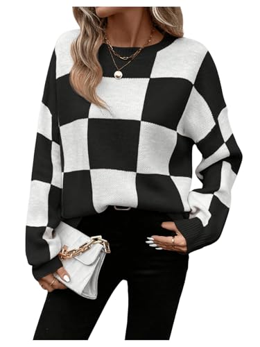 Orange and White Checkered Sweater - GORGLITTER Womens Argyle Checkered Sweater Plaid Long Sleeve Fall Knit Sweater Pullover Tops Black and White