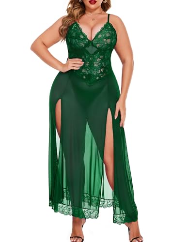 Valentine's Day - Plus Size Lingerie For Women Babydoll Sexy Mesh Maxi Nightdress Strappy Exotic Sleepwear Side Slits Green