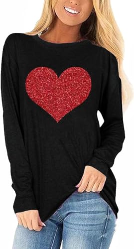 Heart Shirt - Womens Love Heart Raglans TShirts Casual Long Sleeve Valentines Day Graphic Tees Tops 1219-black-a