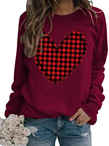 Heart Shirt - Valentines Day Crewneck Pullover Shirts Women Long Sleeve Love Heart Sweatshirts Graphic Lover Gift Mothers Day 01 Red Plaid Heart