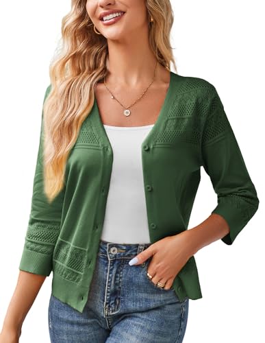 GRACE KARIN Womens 2024 Cropped Cardigan 34 Sleeve Lightweight Crochet Shrug HollowedOut Knit Sweater Tops Army Green